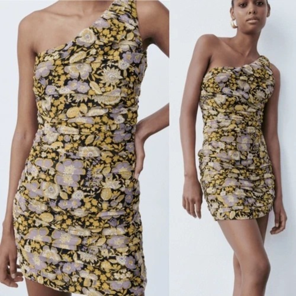 Zara One Shoulder Floral Ruched Printed Chiffon Lined Mini Dress NWT Size M